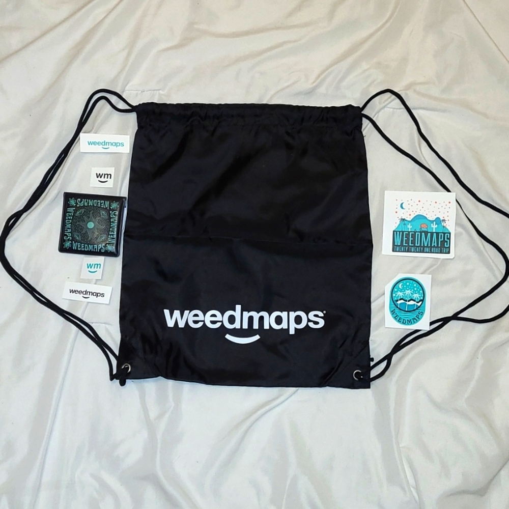 Weedmaps Tech Company Drawstring Bag, Pocket Stash Pouch, and Stickers Swag Pack